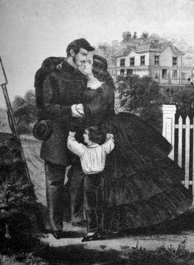 Currier & Ives illusztráció 19. század. Menj a háborúba. Búcsúznak a katonák. alkotó: N. and Ives, J.M. Currier